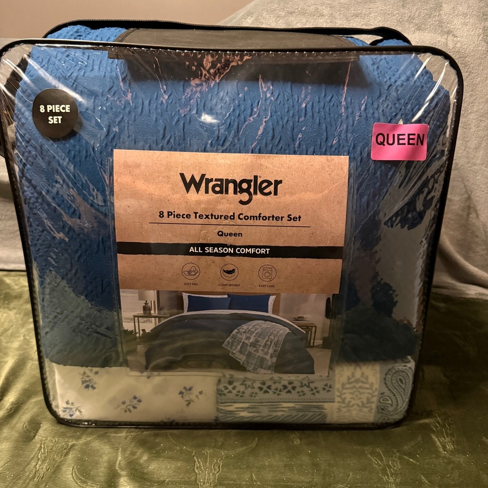 Wrangler 8 Piece Textured Comforter Set Queen Blue New All Season Bedding